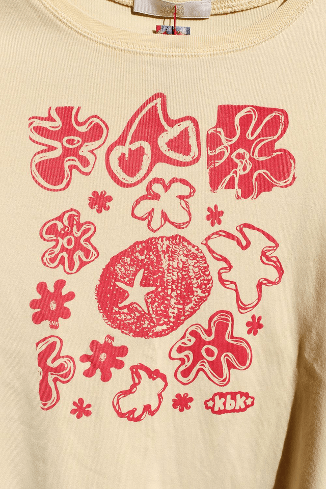 Pastel Yellow and Coral Flowery Printed T-shirt