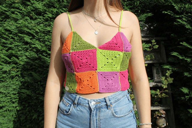 Pink, Orange, Green & Purple Granny Square Crop Top