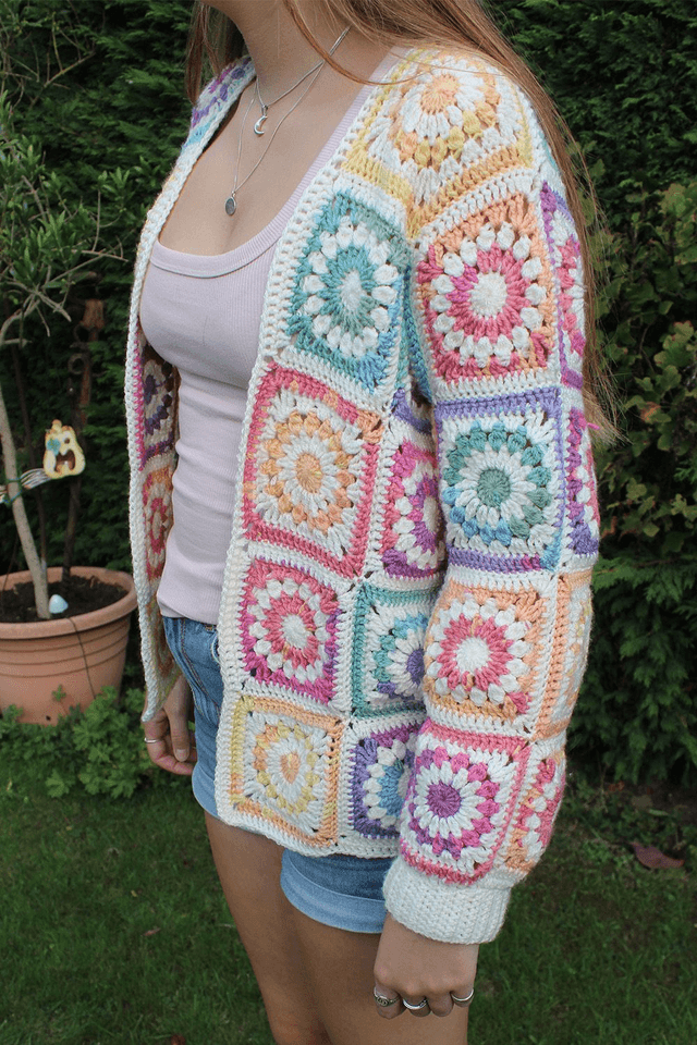 Rainbow and Cream Starburst Granny Square Cardigan